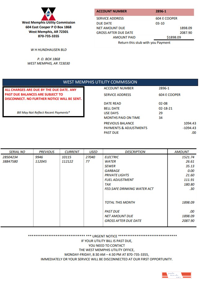 USA Arkansas West Memphis utility bill template in Word and PDF format